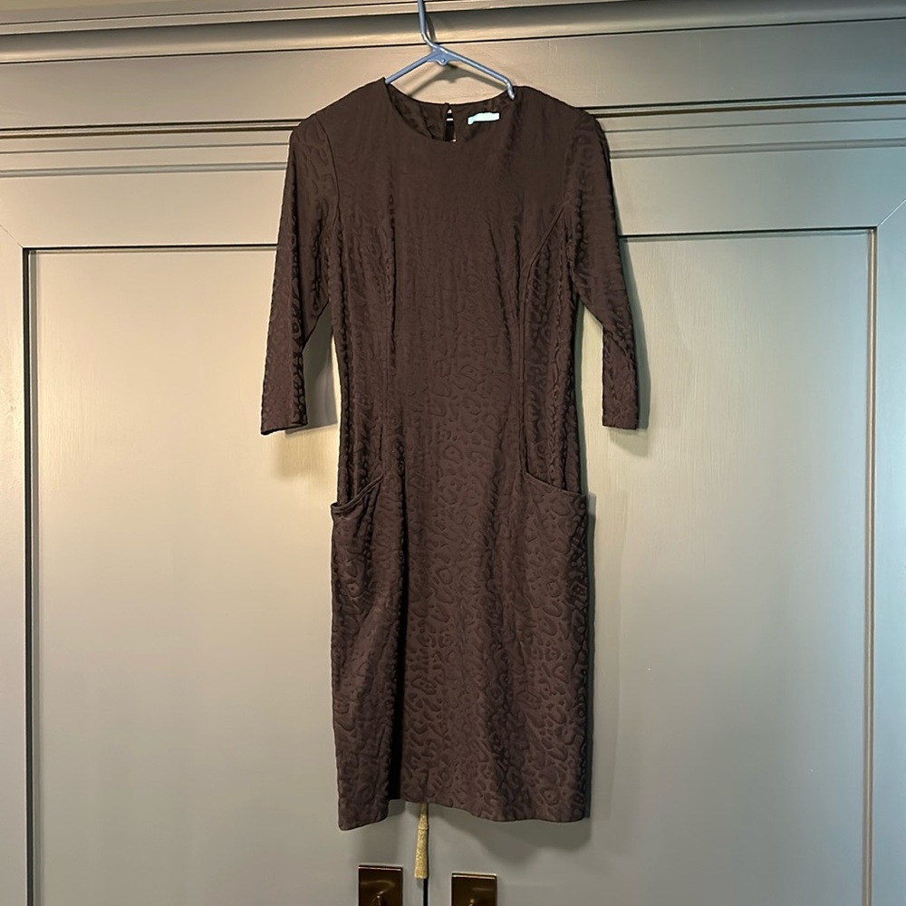 J. McLaughlin navy animal print work dress with pockets.